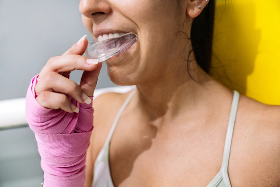 Custom mouth guard fitting over teeth for sports protection.