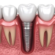 Dentist placing an implant restoration model on a patient's mouth.